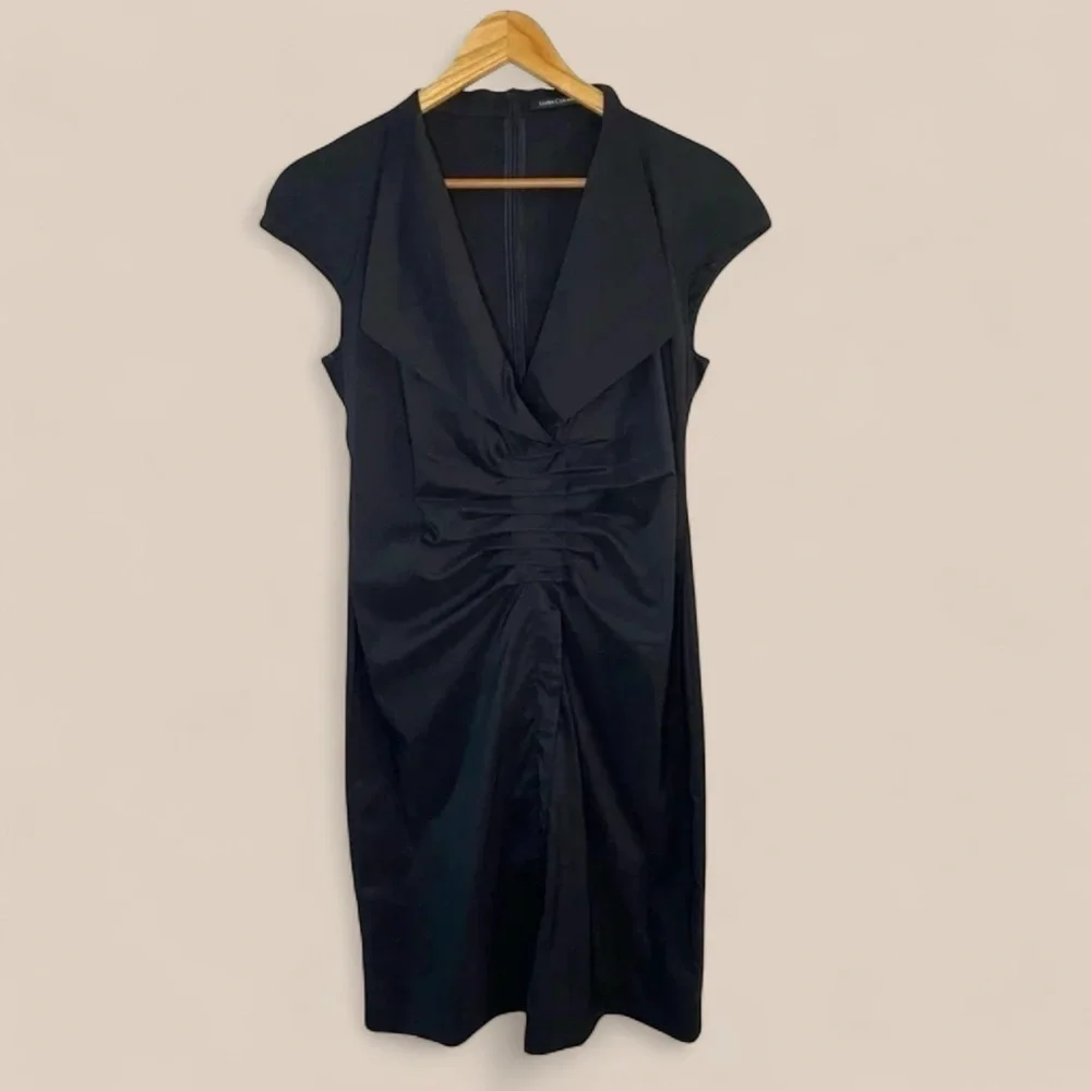 Luisa Cerano Ruched Black Short Sleeve Cocktail Midi Dress - Picture 2 of 8